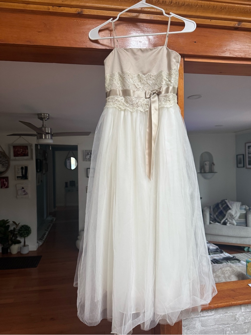 Girls Champagne and Ivory Tulle Dress with Lace Bodice